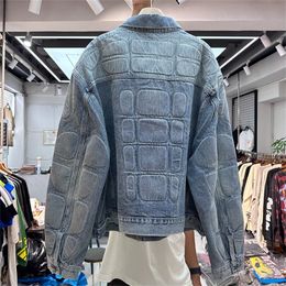 Men's Jackets Multi Mouth Bag Turtle Back Pattern Motorcycle Denim Jacket Men Women Loose Casual Heavy Weight Washed Damaged Coats 230901