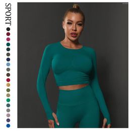 Women's Leggings Summer Solid Knitted T-shirt Seamless Fitness Top Sweat-absorbing Body Shaping Tight Long Sleeve Running Training Yoga