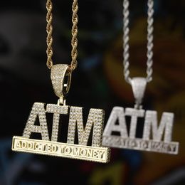 Pendant Necklaces Hip Hop Micro Pave AAA Cubic Zirconia Bling Iced Out Addicted To Money ATM Pendants Necklace for Men Rapper Jewelry Gold Color 230901