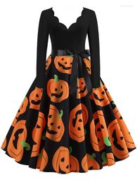 Casual Dresses 2023 Harajuku Vintage Print Halloween For Women Fashion Elegant V Neck Long Sleeve Ladies Evening Party Midi Dress