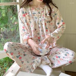 Women's Sleepwear 2023 Autumn Women Pajama Silk Lotus Leaf Sleeve Nightgown Satin Long Sleeved Pants Printing Pijama Homewear Suit