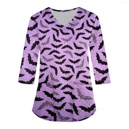 T-shirt da donna Allentato scollo a V Tasca Halloween Bat Stampa Manica a tre quarti Abbigliamento da lavoro Top Moda femminile UniformTop T-shirt 2023