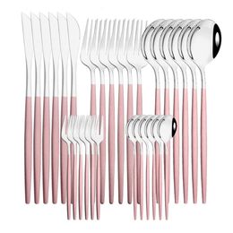 Dinnerware Sets 6Set30Pcs Pink Silver Set Stainless Steel Knife Ckae Fork Spoon Cutlery Tableware Silverware Drop 230901