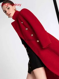 Women's Wool Blends Red Temperament Woollen Coat Women's Long Autumn Winter New Women's Fashion Atmospheric Woollen Coat Winter Women Coat Warm 2023 HKD230904