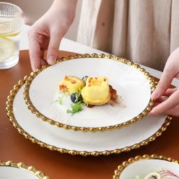 Dishes Plates Nordic Gold Bead Ceramic Dinner and Bowls Light Luxury Household Tableware Heart Shaped Plate Breakfast Dessert 230901