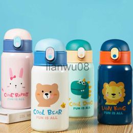 Cups Dishes Utensils 400ml Kids Stainless Steel Straw Thermos Mug With Case Cartoon LeakProof Vacuum Flask Children Thermal Water Bottle Thermocup x0904