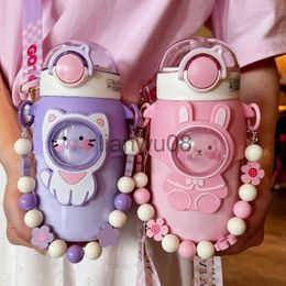 Cups Dishes Utensils 600 ML Cute Animal Kids Straw Thermos Stainless Steel Water Bottle For Girs Portable School Vacuum Insulated Flask For Water x0904