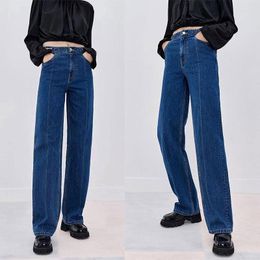 Women's Jeans Fashion Classic Trendy Luxury Designer Cloth Early Spring Dark Blue Straight Denim Trousers Women High Waist