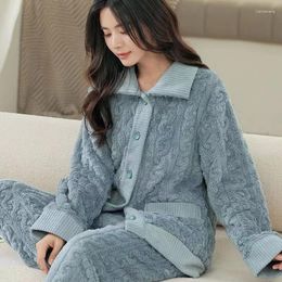 Women's Sleepwear 2023 Winter Pyjamas Set Women Warm Thick Long Sleeve Turn-Down Collar Flannel Nightgown Female Homewear