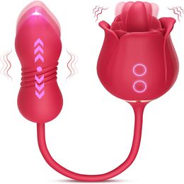 Vibrators 3 in 1 Rose Toy Vibrator for Woman Tongue Licking Clitoral Stimulator Thrusting G Spot Dildo Clit Nipple Licker Women Goods 230904