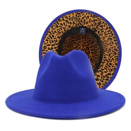 Whole Blue with Leopard Bottom Jazz Gentle Men Women Party Music Black Hat Wide Brim Wool Two Tone Fedora Hat for Unisex260s