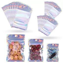 wholesale 100pcs lot Resealable Plastic Retail Packaging Bags Holographic Aluminum Foil Pouch Smell Proof Bag for Food Storage ZZ