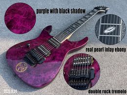 Left hand Electric guitar solid purple high glossy with black shadow speical paint effect ebony fingerboard real colock inlay black parts