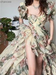 Basic Casual Dresses Floral Print Evening Party Dress Women 2023 Puff Sleeve Elegant Princess Long Dres Ladies France Vintage Open Fork Dress Summer LST230904