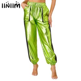 Women s Pants s Metallic Shiny Contrast Jogger Elastic Waist Big Pockets Long Trousers Disco Dance Clothing Punk Club Wear 230901