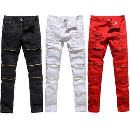 Trendy Mens Destroyed Ripped Jeans Black White Red Fashion College Boys Skinny Runway Straight Zipper Denim Pants Jean257g