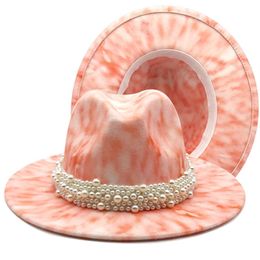 Fashion Colorful Tie-dyed Woolen Top Hat Spring Color Fedora Hats Ladies Big Brim Party Jazz Felt Cap with Hand-made Pearl Band283H