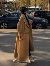 Women's Wool Blends Lautaro Autumn Winter Extra Long Warm Soft Wool blends Coat Women Double Breasted Loose Maxi Overcoat New in Outerwears 2023 HKD230904