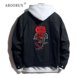 Men's Jackets ABOORUN Rose Embroidery Denim Colour Contrast Patchwork Casual Autumn Trend Coat for Male 230901