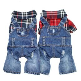 Dog Apparel Dog Cat Denim Plaid Jumpsuit Hoodie Pet Puppy Jean Jacket SpringAutumn Clothes Apparel 4 Colours 230901