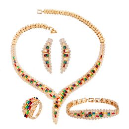 Charm Bracelets Luxury 4pcs Multicolor Cubic Zirconia Paved African Dubai Gold Plated Bridal Wedding Necklace Jewellery Sets for Women Party T0850 230901