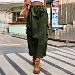 Skirts Cargo A Line Skirt For Women 2023 Spring Summer Drawstring Elastic Waist Y2k Girls Cotton Full Length