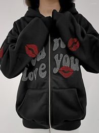 Women's Hoodies Full Zip Y2K Rhinestone Letter Lips Pattern Long Sleeve Oversized Sweatshirts Streetwear Fall Outfits