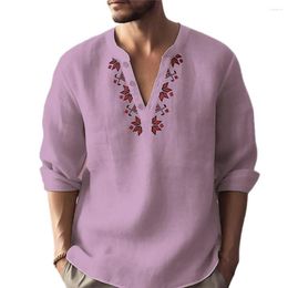 Men's T Shirts Men Long-sleeved Shirt Geometric Print V-neck Long Sleeve Pullover With Loose Fit Solid Colour Buttoned