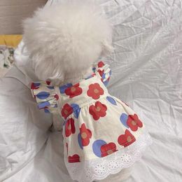 Dog Apparel Pet Princess Dress Cute Floral Pomeranian Teddy Puppy Four Seasons Red Print Sling Supplies