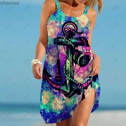 Basic Casual Dresses Sexy Backless Print Dress Women Anchor Boat Print Sleeve Casual Colourful Dresses 2023 Summer Vacation Ruffles Lady Beach Robe LST230904