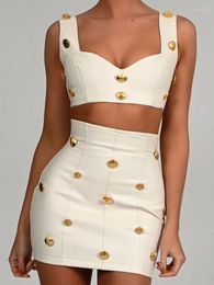 Work Dresses Mozision Button Trim Sexy Dress Set Women Outfits 2023 Square Collar Sleeveless Crop Top And Mini Skirt Party Two Piece Sts