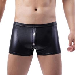 Underpants Sexy Mens Underwear Faux Leather Boxer Shorts Front Button Open Bulge Pouch Men Lingerie Erotic Boxers Trunks