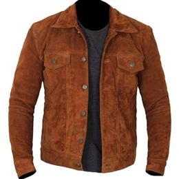 Men's Jackets True Suede Leather Brown Jacket Fashion Rider Retro Button Coat Men Clothing 230901