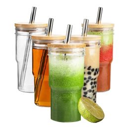 24 oz Transparent Sublimation Travel Car Glass Juice Cold Brew Coffee Tumbler Mug with Bamboo Lid And Straw Sep04