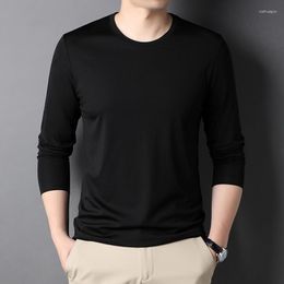 Men's T Shirts 7 Colour Solid Casual Long Sleeve T-Shirt Mulberry Silk Fabric Fashion Business Crew Neck Bottoming Shirt Male Brand