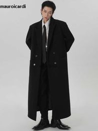 Women's Wool Blends Mauroicardi Autumn Winter Extra Long Black Oversized Warm Wool Blends Coat Men Shoulder Pads Double Breasted Luxury Outerwear HKD230904