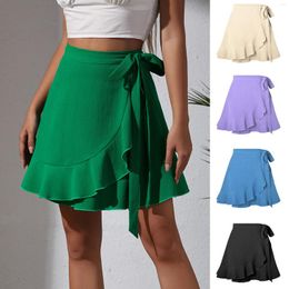 Skirts 2023 Summer Lace Up High Waist Chiffon Short Skirt For Women Fashion Solid Color Ruffles Bandage Elegant Casual Half