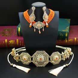 Charm Bracelets Sunspicems Charm Morocco Caftan Waist Chain Belt Women Beads Choker Necklace Long Drop Earring Arabic Bride Wedding Jewelry Set 230901