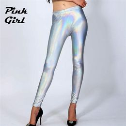 Women s Pants s Glitter Holographic Pu Long Rainbow Colour Striped Elastic Pencil Sexy Women Skinny Trousers Streetwear Fall 230901