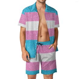 Men's Tracksuits Faux Glitter Transgender Pride Flag Beach Suit Funny 2 Pieces Coordinates High Quality Leisure USA Size