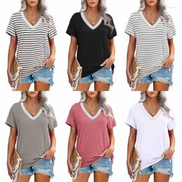 Women's T Shirts Women Summer Short Sleeve Lace Crochet V-Neck Blouses T-Shirt Casual Loose Solid Colour Striped Print Pullover Tunic Tops