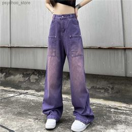 Women's Jeans Purple Cargo Pants Jeans Women High Waist Fashion Streetwear Big Pockets Y2k Baggy Denim Trousers Overalls Wide leg pants Q230904