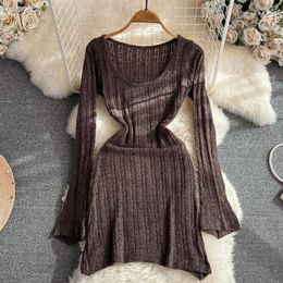 Casual Dresses Chic Knitted Dress For Women O-neck Sheath Screw Thread Female Flare Sleeve Femme Knee-length Mini Drop