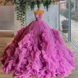 드레스 핑크 퀴안 네라 연인 오프 숄더 큰 볼 가운 레이스 스팽글 크리스탈 비드 코르셋 백 드레스 달콤한 멍청한