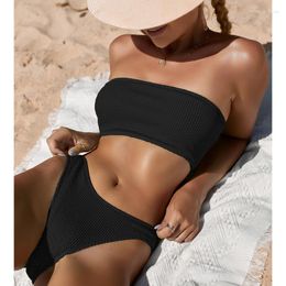 Women's Swimwear Summer Bikini Set Textured Bandeau High Cut Swimsuit Beach Bathing