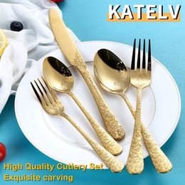 Dinnerware Sets High Quality Cutlery Set Handle Exquisite carving Stainless Steel Golden Tableware Knife Fork Spoon Flatware Silverware 230901