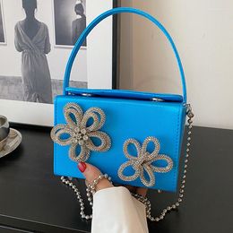 Evening Bags Shiny Diamond Floral Design Box Bag Fashion Handbag Female Pure Pu Leather Mini Crossbody Short Handle Clutch