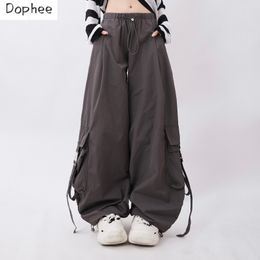 Women s Pants s Dophee American Style Cargo for Women Summer Drawstring Elastic Waist Large Pockets Dance Straight Long Trousers 230901