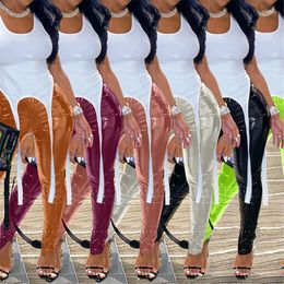 Women's Pants Fashion Women Bright PU Leather Pant Trousers High Waist Tight Stacked Zipper Split Sexy Slim Bodycon 2023 Outfit Clothing