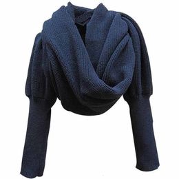 Scarves Fashion Winter Warm Solid Color Knitted Wrap Scarf Crochet Thick Shawl Cape with Sleeve for Women and Men Scarf with Leeves 230904